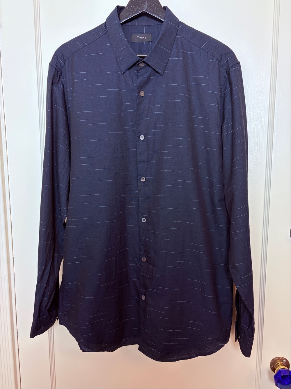 Theory Men’s Navy Blue Button Down Shirt with Intermittent Lines